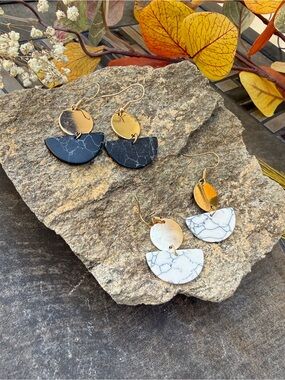Gold Accented Black and White Marble Half-Moon Earrings